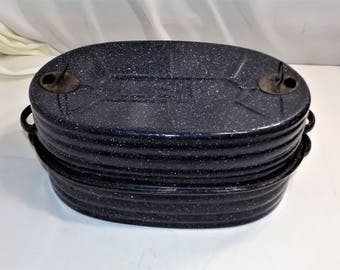 Vintage LISK Blue Speckle Enamelware Roasting Pan with Adjustable Vented Lid