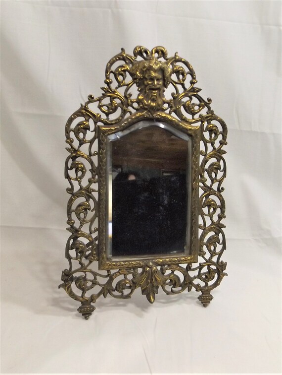 Antique Brass Framed Art Nouveau Beveled Glass Mirror For Dresser Vanity Table Or Wall