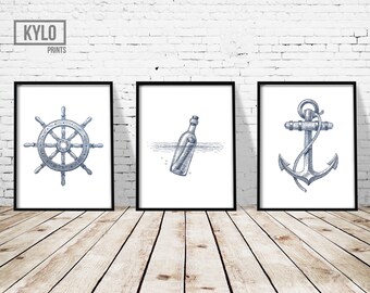 Nautical Print Set of 3 8x10", Nautical Illustration, Nautical Poster, Sailing Print, Sailing Poster, Nautical Wall Art, Anchor Art Print
