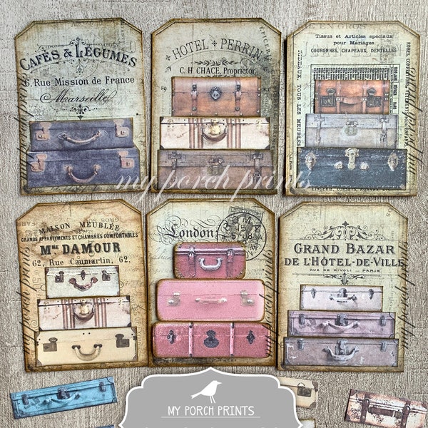 Suitcase Tags, Junk Journal, Trunk, Craft Kit, My Porch Prints, Luggage, Ephemera, Travel, Theme, Printable, Tag, Digital, Vintage, Download