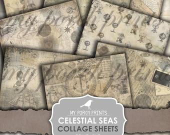Junk Journal, Celestial, Seas, Nautical, Men, Papers, Ship, Map, Star, Ocean, Printable Paper, Digital, Steampunk, Science, Vintage Download