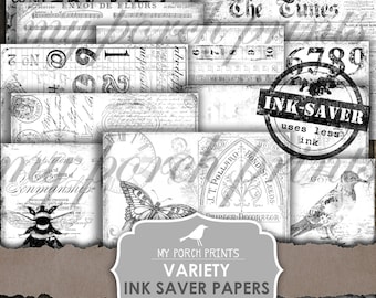 Variety, Junk Journal, Printable, Papers, Ink Saver, Black and White, Collage Sheets, Digital Kit, My Porch Prints, Vintage, Download, Print