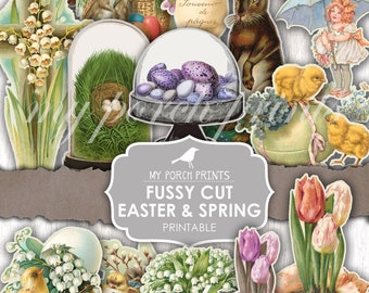 May include: A set of printable digital paper crafts featuring vintage illustrations of Easter and spring themes. The images include bunnies, chicks, flowers, eggs, and a cross with lilies. The text "Souvenir de Pâques" is visible in the image.
