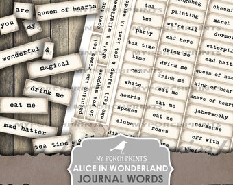 Alice in Wonderland, Junk Journal, Phrases, Mixed Media, Words, Magical, Story, Labels, Parchment, Tag, My Porch Prints, Printable, Ephemera