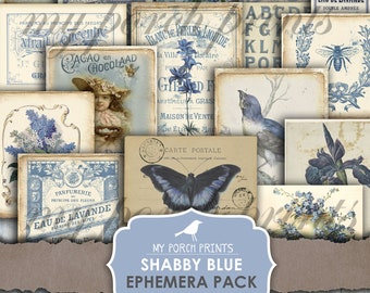Junk Journal, Ephemera, Pack, Shabby, Blue, Butterfly, Insert, My Porch Prints, Supplies, Digital Kit, Download, Junk Journal Kit, Printable