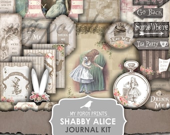 Alice in Wonderland, Junk Journal Kit, Shabby Chic, Pastel, My Porch Prints, Vintage, Printable, Paper, Ephemera, Roses, Digital Download