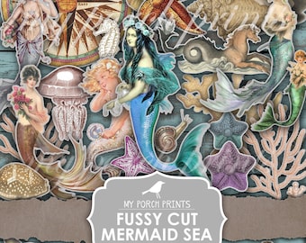 Junk Journal, Ephemera, Fussy Cut, Mermaid, Sea, Ocean, Creatures, Shell, Printable, Cricut, Stickers, My Porch Prints, Digital Download