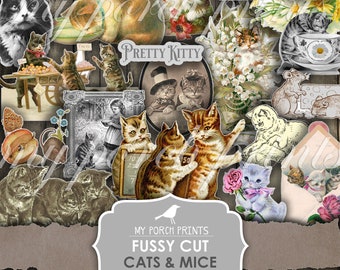 Junk Journal Kit, Fussy Cut, Cats, Mice, Mouse, Kitten, Cat, Kitty, Animal, Printable, Cricut, Scan N Cut, My Porch Prints, Digital Download