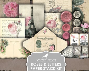 Junk Journal, Roses & Letters, Paper Stack, Envelope, Kit, Postcards, Printable Paper, Digital Kit, Ephemera, My Porch Prints, Download