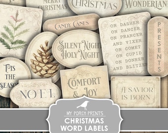 Junk Journal, Christmas, Word, Labels, Vintage, Santa, Tags, Words, Phrases, Ephemera, Ticket, My Porch Prints, Printable, Digital Download