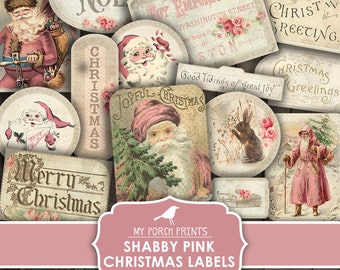 Junk Journal, Shabby Pink, Christmas, Labels, Santa, Tags, Embellishment, Ephemera, Words, My Porch Prints, Printable, Digital Download