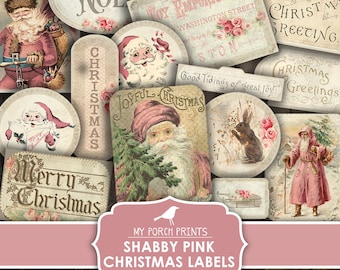 Junk Journal, Shabby Pink, Kerstmis, Etiketten, Kerstman, Tags, Versiering, Efemere, Woorden, Mijn veranda wordt afgedrukt, Afdrukbaar, Digitale download