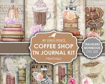 Pode incluir: Um pacote de papel digital imprimível para um caderno de viagem com tema de café. O pacote inclui imagens de moinhos de café, xícaras de café, livros e outros elementos de inspiração vintage. As imagens estão em um estilo aquarela com uma paleta de cores suaves e apagadas.