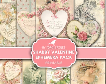 Junk Journal Ephemera, Valentine's Day Cards, Shabby, Pack, My Porch Prints, Post Card, Digital Download, Kit, Valentine Craft, Printable