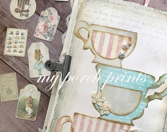 Alice in Wonderland, Loaded, Tea Cups, Teacup, Junk Journal, Shabby, Printable, Vintage, Kit, My Porch Prints, Digital, Digi Kit, Download