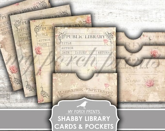 Junk Journal, Shabby, Library Cards, Pockets, ATC, Pink, Craft Kit, Tag, Ephemera, Paper, My Porch Prints, Digital Kit, Download, Printable