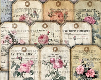 Rose Ledger Tags, Junk Journal, Ephemera, My Porch Prints, Embellishment, Guest Check, Printable, Paper, Kit, Digital, Vintage, Download