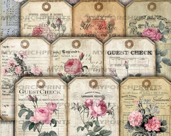 Rose Ledger Tags, Junk Journal, Ephemera, My Porch Prints, Versiering, Gastcontrole, Afdrukbaar, Papier, Kit, Digitaal, Vintage, Download