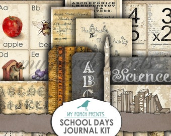 Junk Journal Kit, School Days, Graduation, Teacher, Flash Cards, Ephemera, My Porch Prints, Printable, Neutral, Vintage, Digital Download