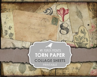 May include: A set of printable digital collage sheets featuring torn paper textures with vintage floral, botanical, and musical elements. The sheets are designed for crafting and scrapbooking projects.