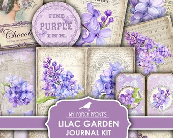 Könnte beinhalten: Lilac Garden Journal Kit zum Ausdrucken mit 12 digitalen Papieren mit Vintage-Blumenmustern, alten Buchseiten und einem violetten Stempel. Das Kit enthält eine Vielzahl von Mustern und Texturen, perfekt für Scrapbooking, Kartenherstellung und andere Papierarbeiten.