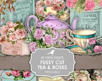 Junk Journal Ephemera, Fussy Cut, Tea, Roses, Printable, My Porch Prints, Stickers, Cricut, Mother&#39;s Day, Junk Journal, Digital Download