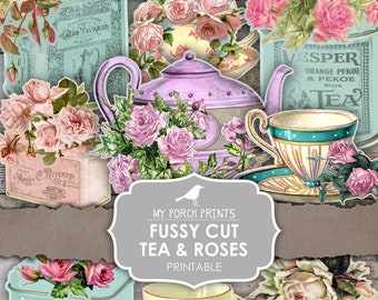 Junk Journal Ephemera, Fussy Cut, Tea, Roses, Printable, My Porch Prints, Stickers, Cricut, Mother's Day, Junk Journal, Digital Download