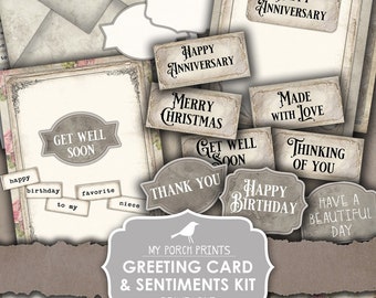 Greeting Card, Sentiments Kit, Words, Happy Birthday, Sympathy, Junk Journal, Card Making, Envelope, Digital Kit, My Porch Prints, Download