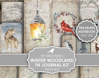 Puede incluir: Un kit de diario digital imprimible con un tema de bosque de invierno. El kit incluye 12 papeles digitales con imágenes de un cardenal, un conejo, un ciervo, una linterna y un bosque nevado. Los papeles están diseñados para ser utilizados en un cuaderno de viaje (TN) de tamaño.