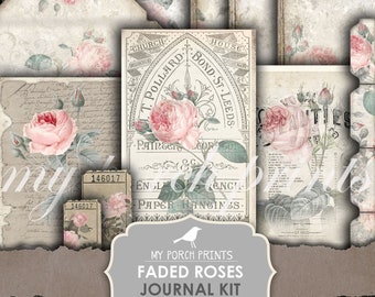 Faded Roses, Junk Journal, Kit, My Porch Prints, Book, Vintage, Printable Ephemera, Collage Sheet, Floral, Flowers, Paper, Digital Download