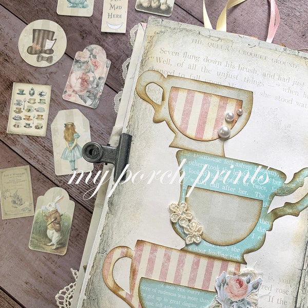Alice in Wonderland, Loaded, Tea Cups, Teacup, Junk Journal, Shabby, Printable, Vintage, Kit, My Porch Prints, Digital, Digi Kit, Download