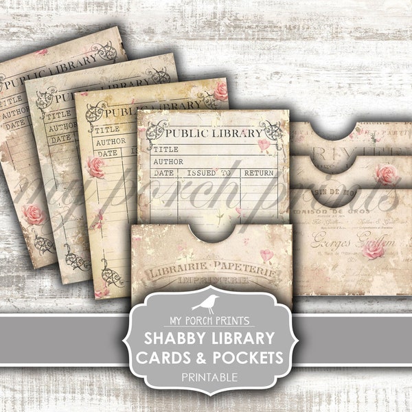 Junk Journal, Shabby, Library Cards, Pockets, ATC, Pink, Craft Kit, Tag, Ephemera, Paper, My Porch Prints, Digital Kit, Download, Printable