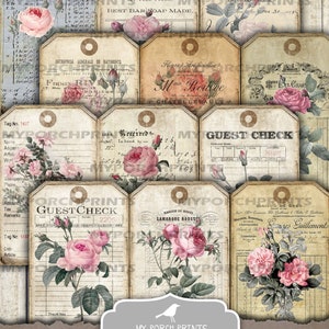 Rose Ledger-tags, Junk Journal, Ephemera, My Porch Prints, Versiering, Gastcheque, Afdrukbaar, Papier, Kit, Digitaal, Vintage, Download