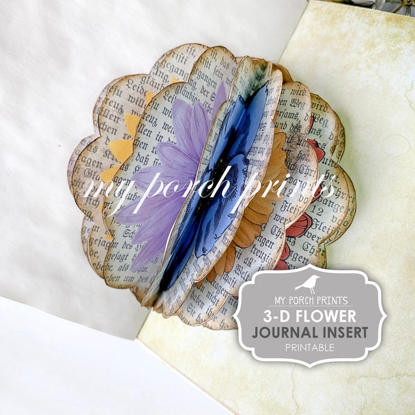 Junk Journal Insert, 3D, Flower, Book Page, Dimensional, Pop Up, Junk Journal Kit, Printable, My Porch Prints, Digi Kit, Digital Download