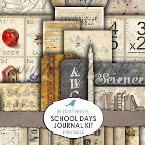 Junk Journal Kit, School Days, Graduation, Teacher, Flash Cards, Ephemera, My Porch Prints, Printable, Neutral, Vintage, Digital Download