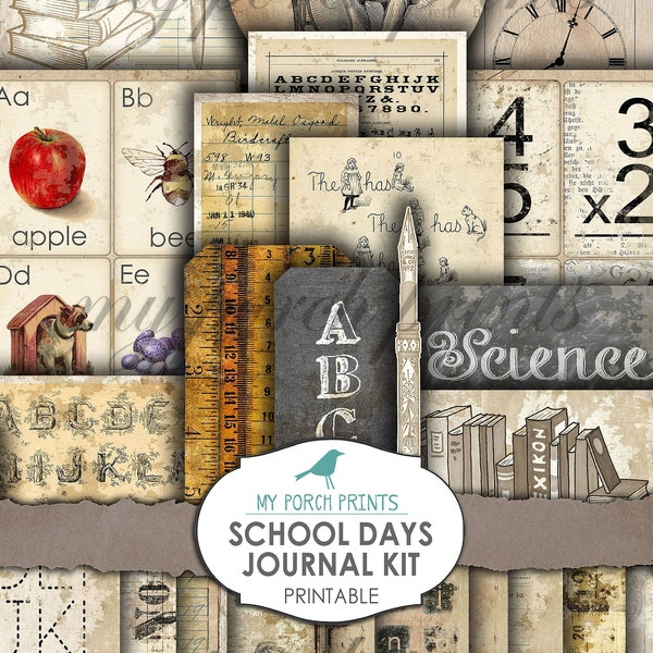 Junk Journal Kit, School Days, Graduation, Teacher, Flash Cards, Ephemera, My Porch Prints, Printable, Neutral, Vintage, Digital Download