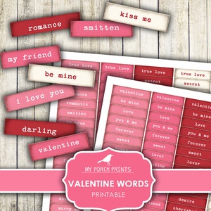 Valentine Words, Junk Journal, Valentines Day, Journal Words, Mixed Media, My Porch Prints, Card, Digital Download, Kid Craft Kit, Printable