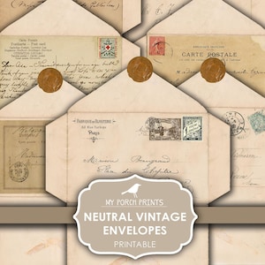 Sobres, Neutral, Vintage, Diario basura, Postal, Carta, En blanco, Marrón, Álbum de recortes, Impresiones de mi porche, Imprimible, Efímera, Descarga digital