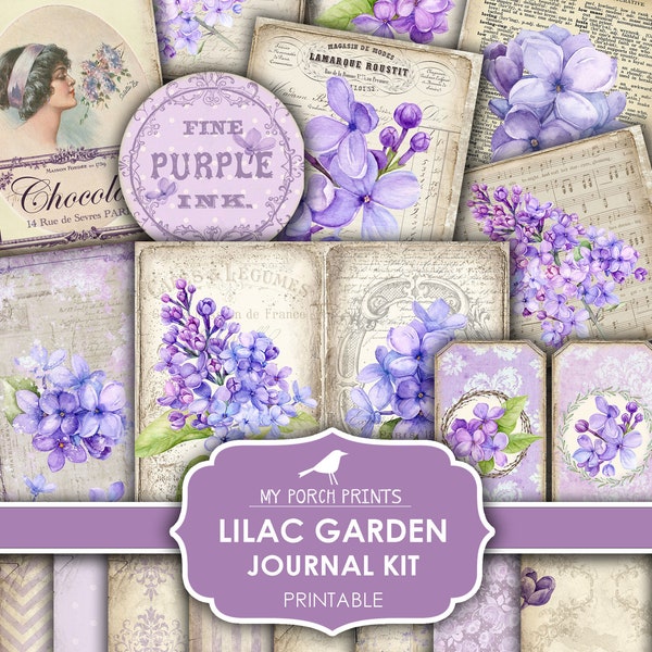 Junk Journal, Lilac Garden, Vintage, My Porch Prints, Spring, Purple, Lavender, Mother's Day, Printable Paper, Ephemera Kit Digital Download
