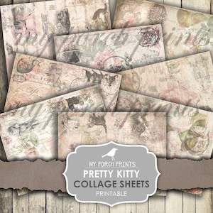 Junk Journal, Pretty Kitty, Kitten, Cat, Pets, Collage Sheets, Shabby, Printable Paper, Digital, Kit, My Porch Prints, Vintage, Download
