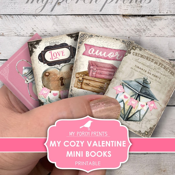 Valentine Mini Books, My Cozy, Junk Journal, Craft Kit, Box, Valentines Day, Card, Heart, Pink, Printable, My Porch Prints, Digital Download