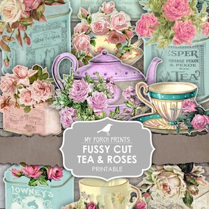 Junk Journal Ephemera, Fussy Schnitt, Tee, Rosen, bedruckbar, meine Veranda Drucke, Aufkleber, Cricut, Muttertag, Junk-Journal, digitaler Download