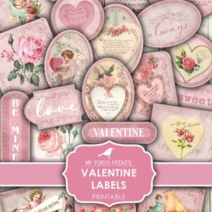 Valentine Labels, Junk Journal, Shabby, Pink, Valentine's Day, Tag, Sticker, Card, Box, Ticket, My Porch Prints, Printable, Digital Download