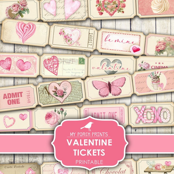 Valentine's Day, Tickets, Junk Journal, Valentine, Love, Heart, My Porch Prints, Pink, Box, Card, Printable, Ephemera, Digital, Download