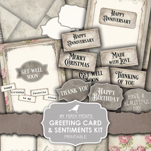 Greeting Card, Sentiments Kit, Words, Happy Birthday, Sympathy, Junk Journal, Card Making, Envelope, Digital Kit, My Porch Prints, Download