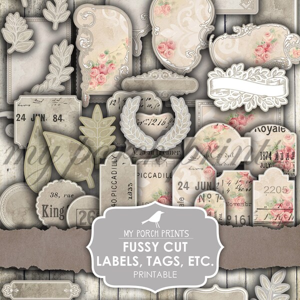 Junk Journal Ephemera, Fussy Cut, Labels, Tags, Laurels, Embellishments, Printable, My Porch Prints, Cricut, Scan N Cut, Digital Download