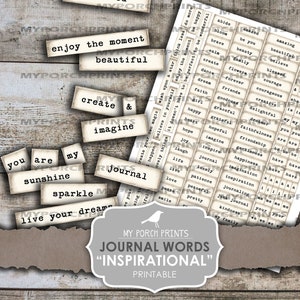 Palabras de diario, inspiradoras, diario basura, frases, palabras en técnica mixta, impresiones de mi porche, hojas de collage, álbumes de recortes, imprimibles, material efímero
