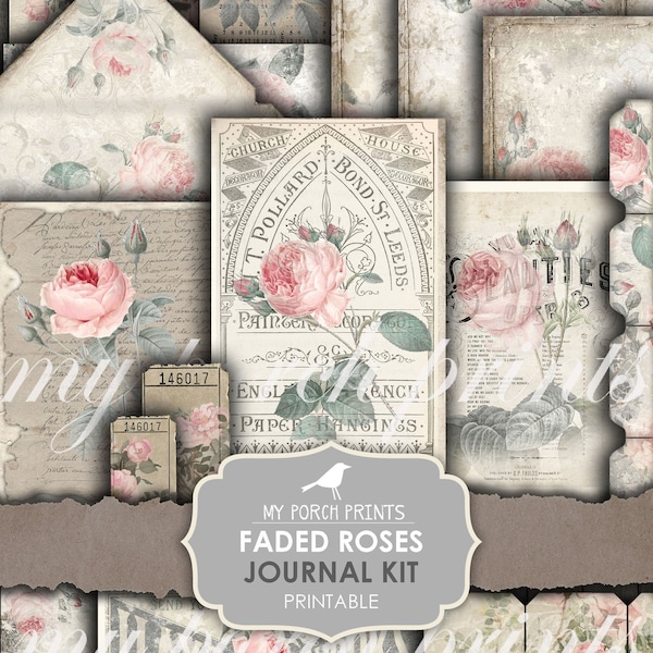 Faded Roses, Junk Journal, Kit, My Porch Prints, Book, Vintage, Printable Ephemera, Collage Sheet, Floral, Flowers, Paper, Digital Download