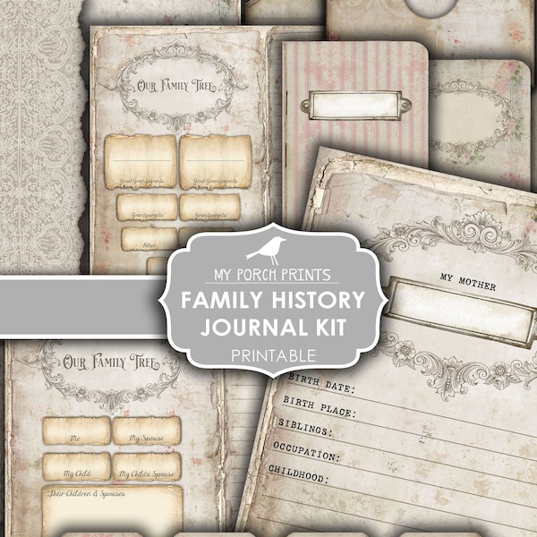 Family History, Junk Journal, Family Tree, Kit, Book, Genealogy, Story, Chart, Shabby, My Porch Prints, Gift, Printable, Digital Download