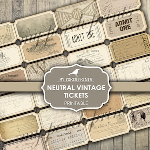Tickets, Neutral, Vintage, Junk Journal, Shabby, Verschönerung, Braun, Scrapbook, Meine Veranda Drucke, Printable, Ephemera, Digital, Download